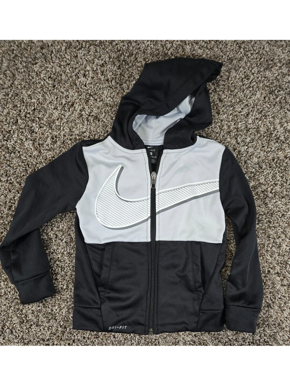 Nike Boys Sz XS Full Zip Up Athletic Hoodie Black White Big Swoosh